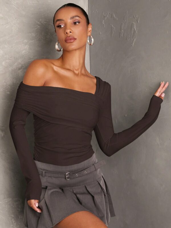 Solid Asymmetric Neck Gathered Long Sleeve Bodysuit