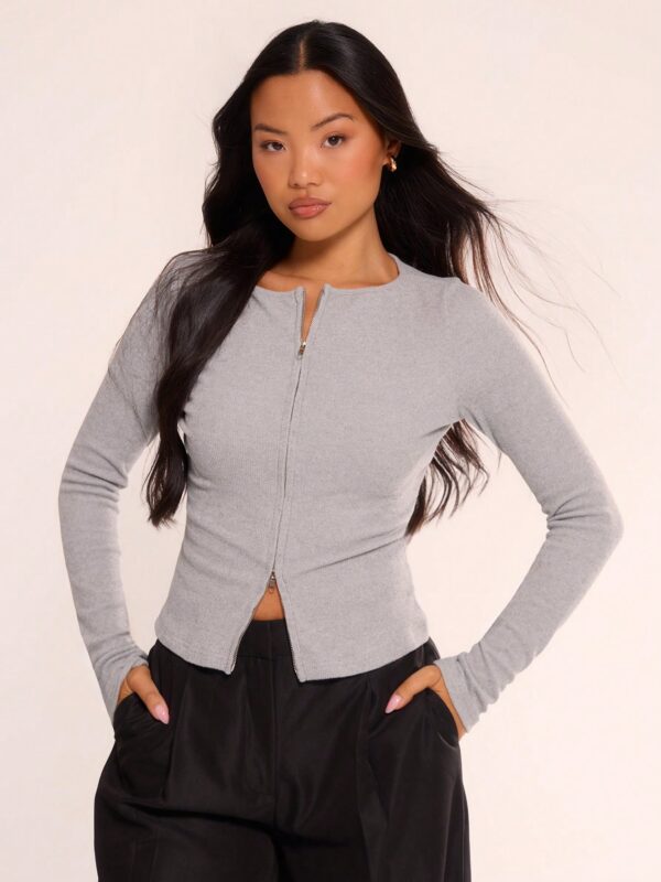 Zip Through Crew Neck Long Sleeve Top