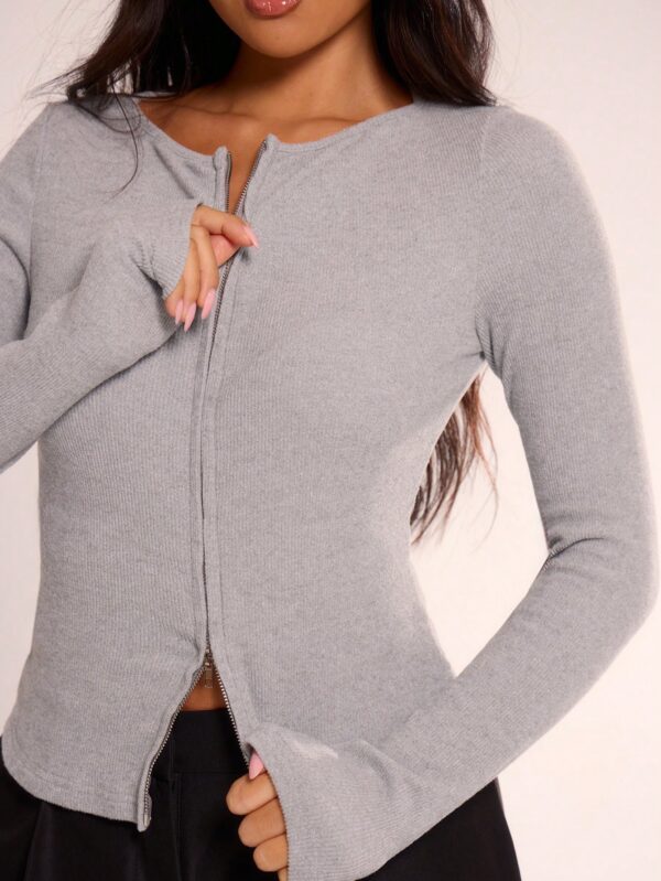 Zip Through Crew Neck Long Sleeve Top