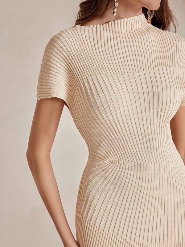 Turtleneck Asymmetric Ribbed Midi Dress