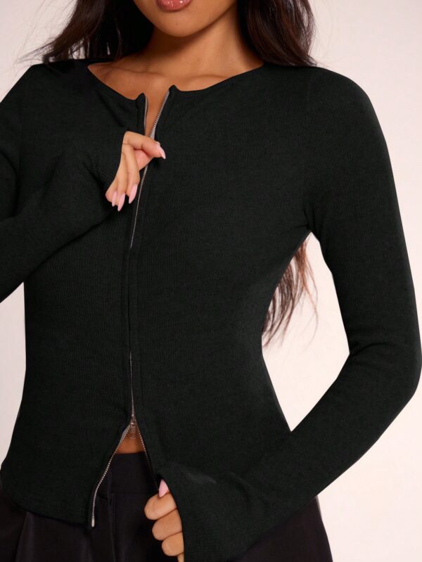 Zip Through Crew Neck Long Sleeve Top