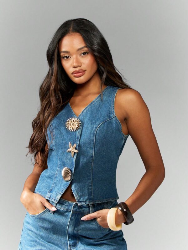 Sleeveless Denim Vest Top With Shell Buttons