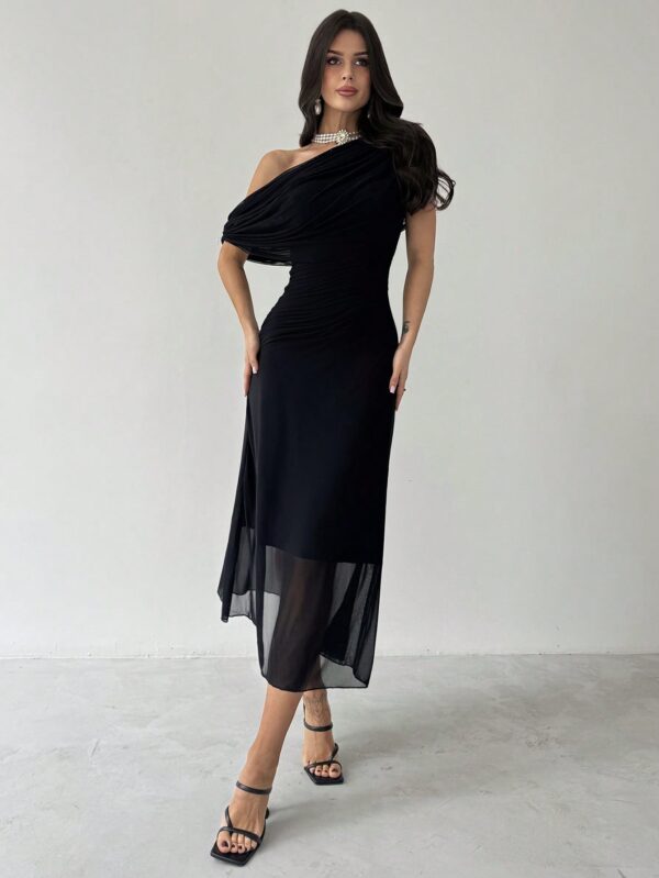 Asymmetrical Shoulder Short Sleeve Waist Knit Dress