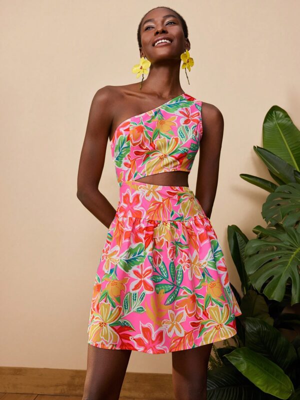 Tropical Print Cutout Waist Sleeveless Dress