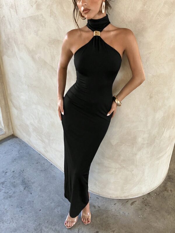 Metal Buckle Decor Hollow Out Bodycon Stretch Dress