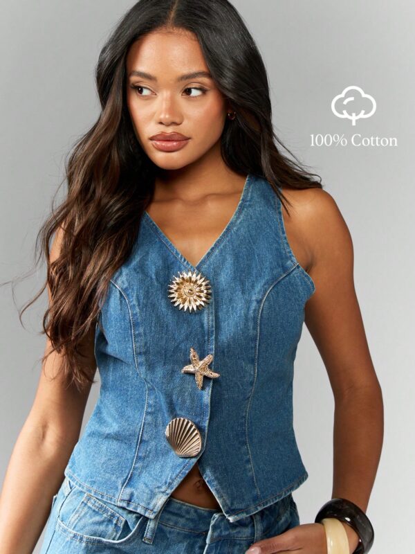 Sleeveless Denim Vest Top With Shell Buttons