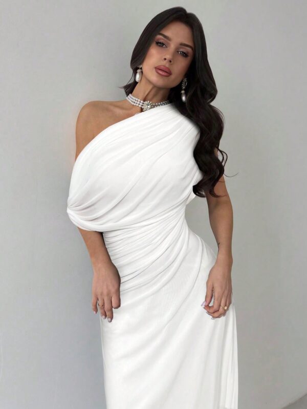 Asymmetrical Shoulder Short Sleeve Waist Knit Dress