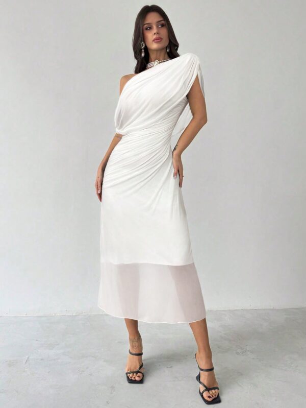 Asymmetrical Shoulder Short Sleeve Waist Knit Dress