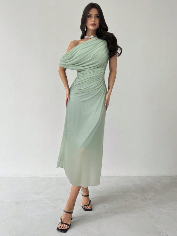 Asymmetrical Shoulder Short Sleeve Waist Knit Dress