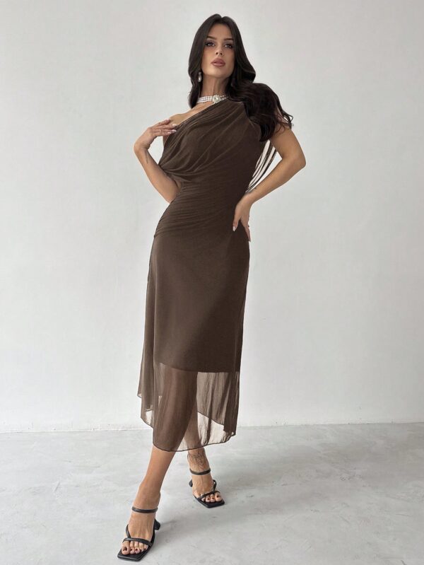 Asymmetrical Shoulder Short Sleeve Waist Knit Dress