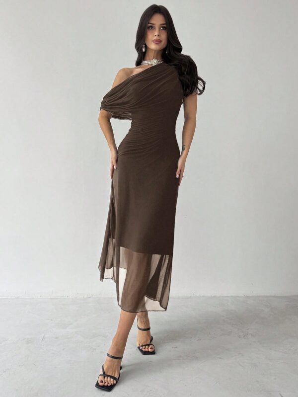 Asymmetrical Shoulder Short Sleeve Waist Knit Dress