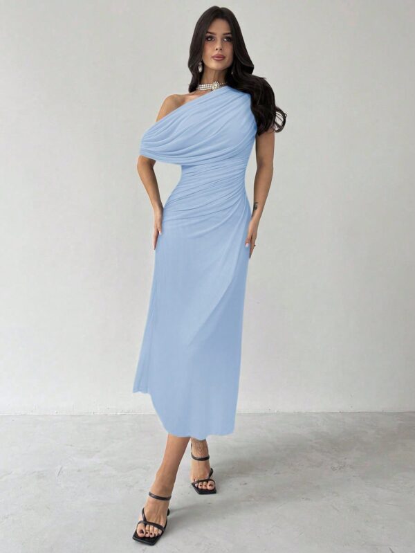 Asymmetrical Shoulder Short Sleeve Waist Knit Dress