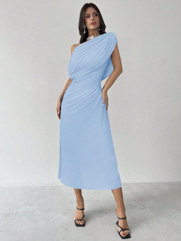 Asymmetrical Shoulder Short Sleeve Waist Knit Dress