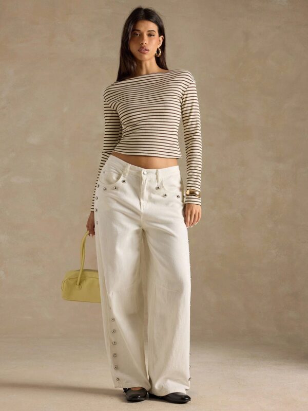 Contrast Stripe Oblique Shoulder Long Sleeve T-Shirt