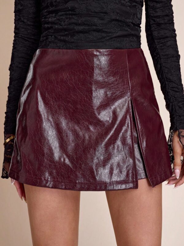 Faux Leather Side Slit Fashion Short Skirt
