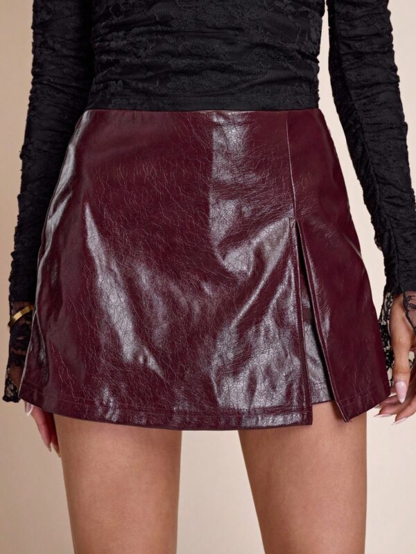 Faux Leather Side Slit Fashion Short Skirt