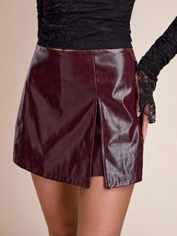 Faux Leather Side Slit Fashion Short Skirt