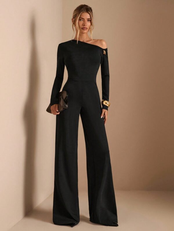 Elegant Shoulder Long Sleeve Metal Buckle Wide Leg Jumpsuit