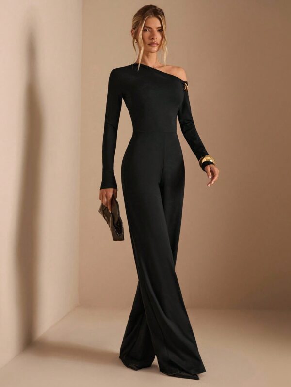 Elegant Shoulder Long Sleeve Metal Buckle Wide Leg Jumpsuit