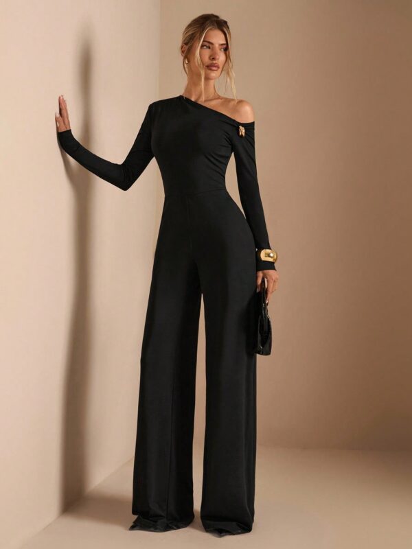 Elegant Shoulder Long Sleeve Metal Buckle Wide Leg Jumpsuit