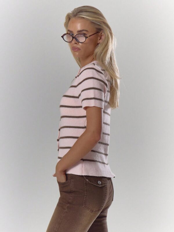 Striped Rib Knit Button Top