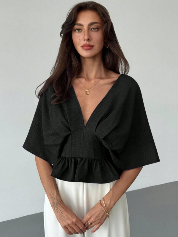 Solid Color Deep V-Neck Batwing Sleeve Pleated Top