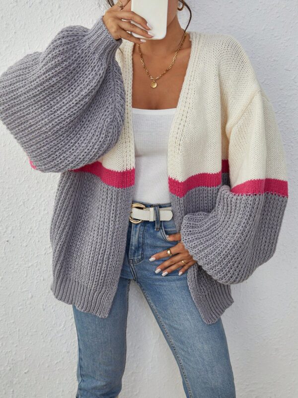 Dropped Shoulder Striped Ribbed Knit Cardigan