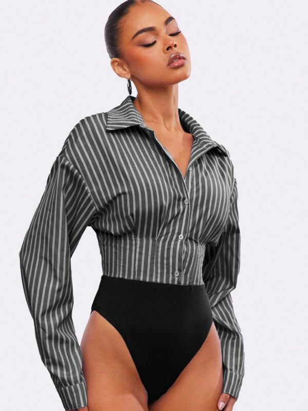 Daily Striped Print Drop Shoulder Loose Bodysuit