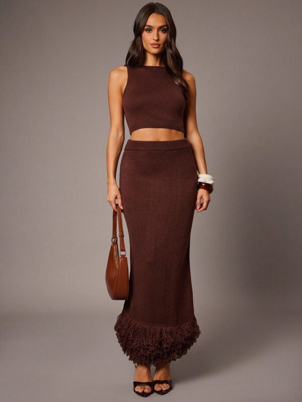 Cropped Knit Top And Knit Hem Sweater Skirt Set