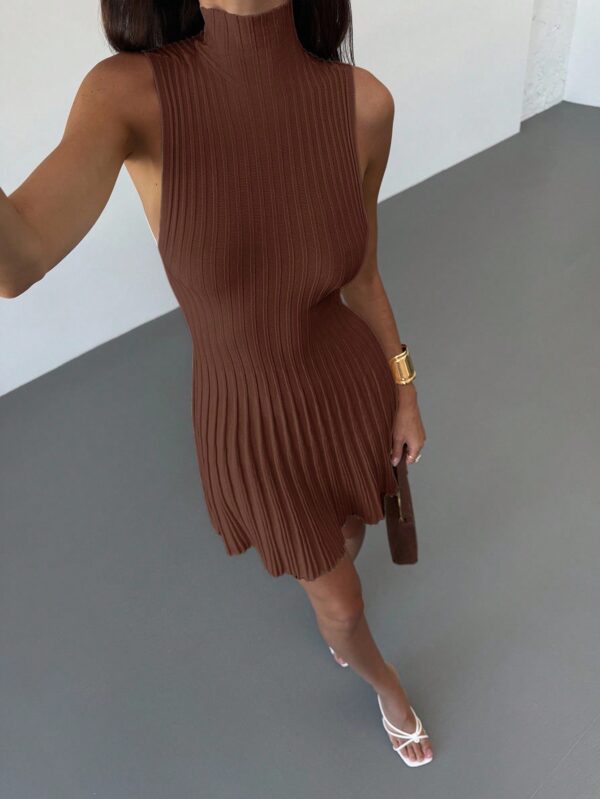 Collar Sleeveless A-Line Mini Ribbed Knit Dress
