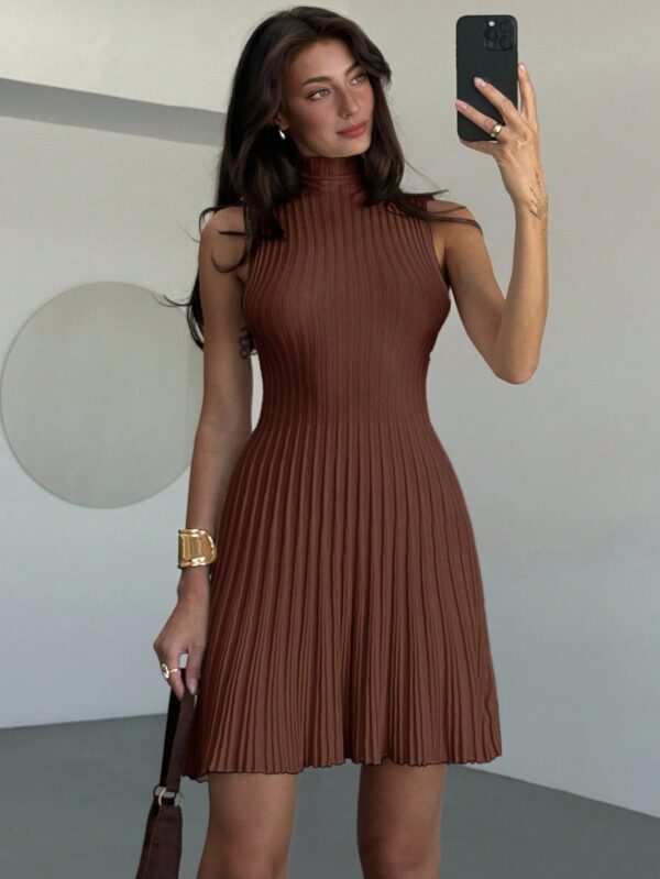 Collar Sleeveless A-Line Mini Ribbed Knit Dress