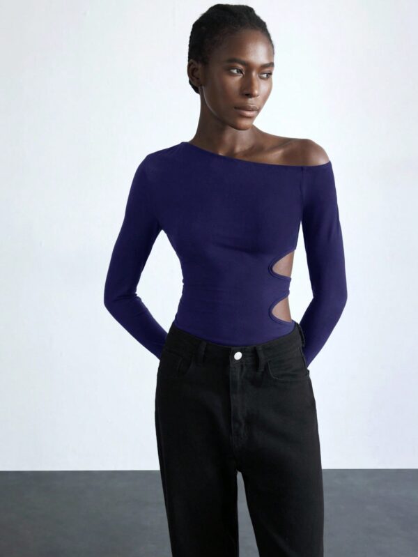 Asymmetric Shoulder Design Waist Hollow Out Bodysuit