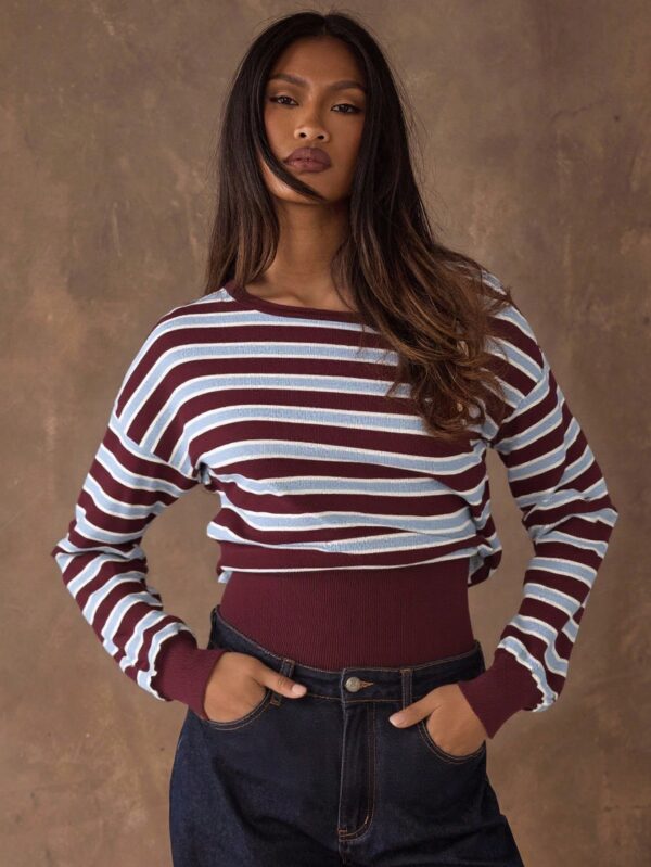 Asymmetric Collar Contrast Color Striped Sweater