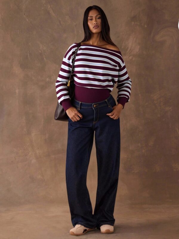 Asymmetric Collar Contrast Color Striped Sweater