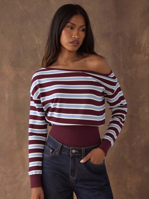 Asymmetric Collar Contrast Color Striped Sweater
