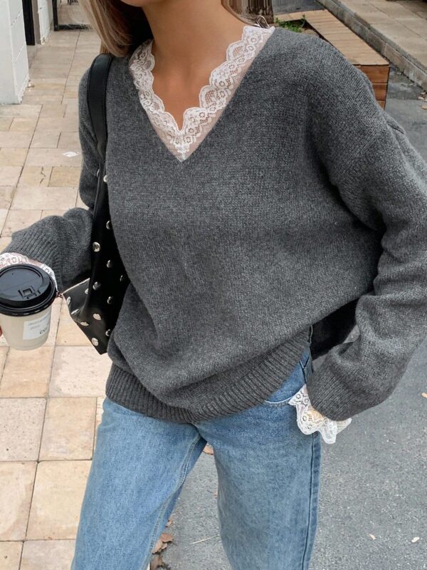 Loose Business Casual High Neck Lace Patchwork Knit Sweater