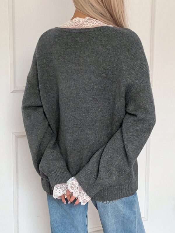 Loose Business Casual High Neck Lace Patchwork Knit Sweater