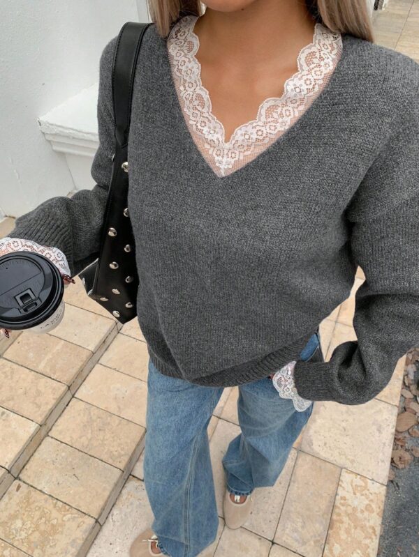 Loose Business Casual High Neck Lace Patchwork Knit Sweater