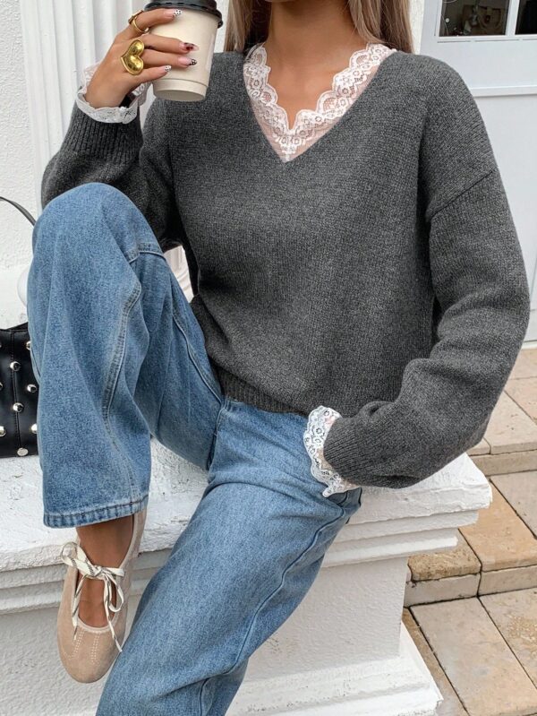 Loose Business Casual High Neck Lace Patchwork Knit Sweater
