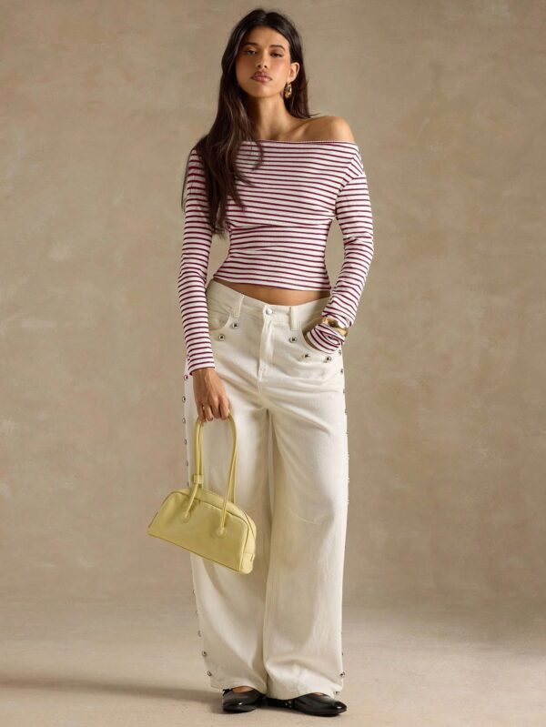 Contrast Stripe Oblique Shoulder Long Sleeve T-Shirt