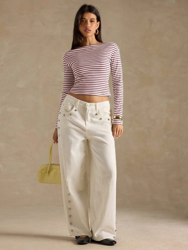 Contrast Stripe Oblique Shoulder Long Sleeve T-Shirt