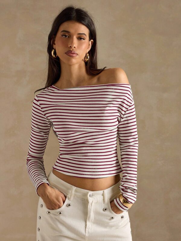 Contrast Stripe Oblique Shoulder Long Sleeve T-Shirt