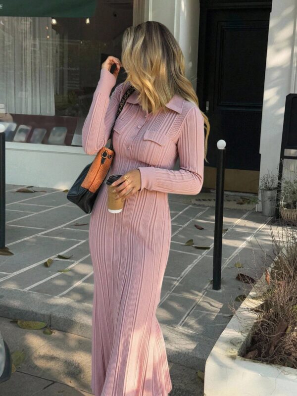 Long Sleeve Turndown Collar Big Pocket Sweater Dress