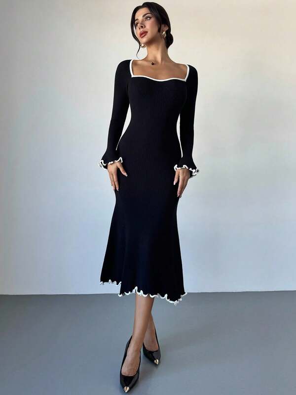 Neck Long Sleeve Slim Fit Fishtail Sweater Dress