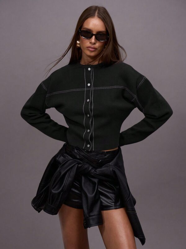 Fitted Waist Contrast Stitch Knit Jacket