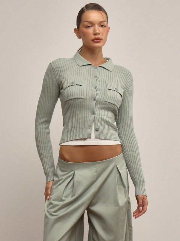 Ribbed Knit Button Through Collared Long Sleeve Top