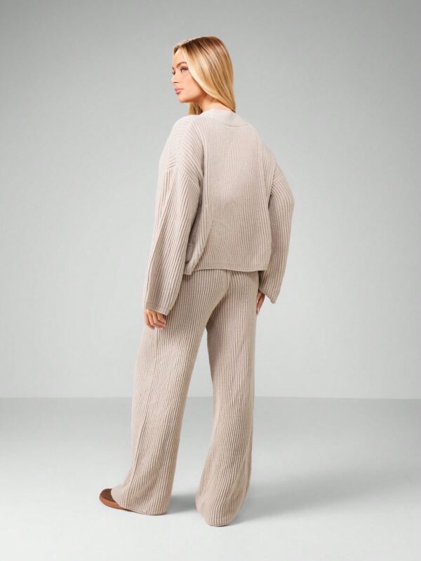 Knit Cardigan And Wide Leg Pant & V-Neck Button Front Long Sleeve Top Set