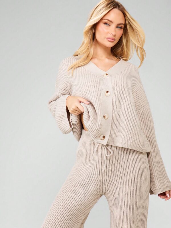 Knit Cardigan And Wide Leg Pant & V-Neck Button Front Long Sleeve Top Set