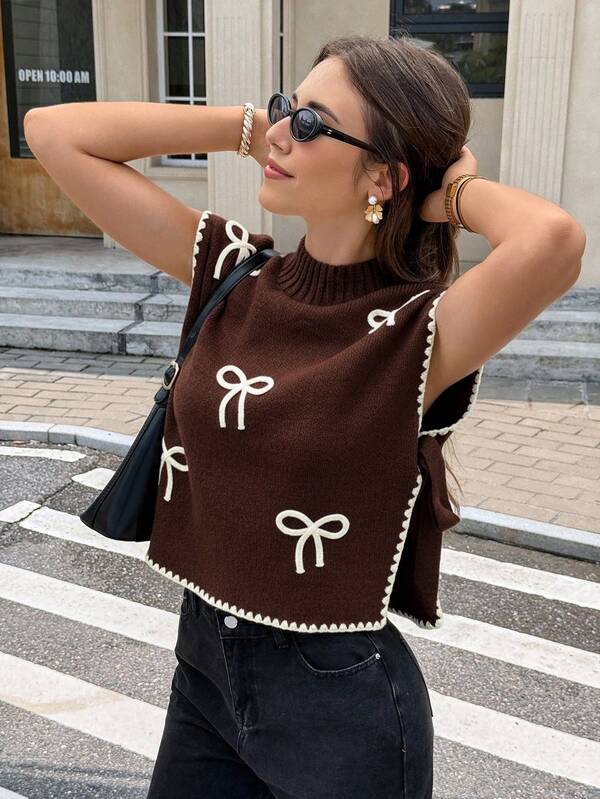 Collar Sleeveless Bow Decor Sweater Vest