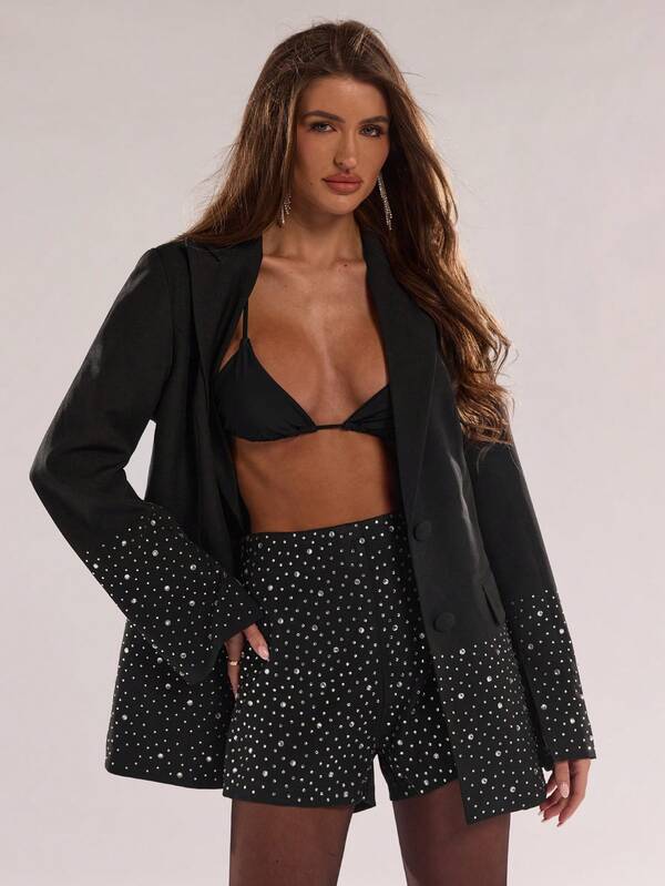 Rhinestone-Embellished Lapel Casual Blazer